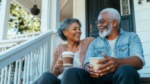 Senior couple sharing coffee and conversation on their front porch