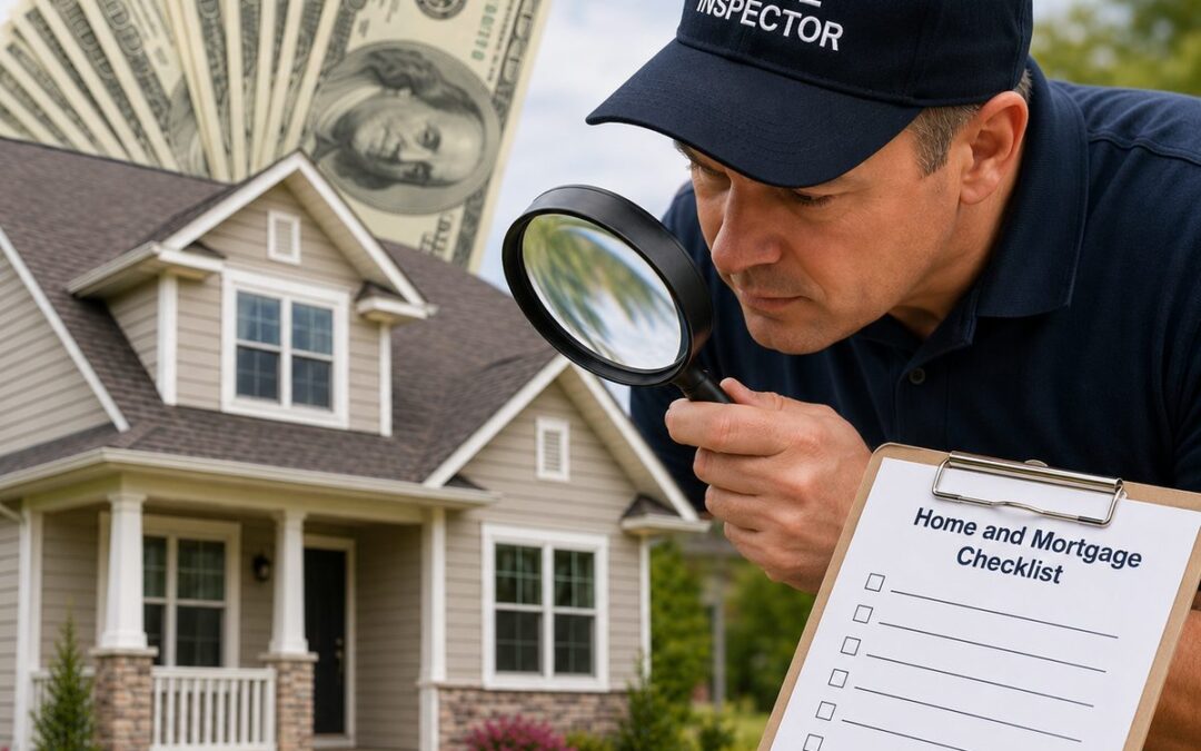 Home inspector examining a house with a magnifying glass, home and mortgage checklist