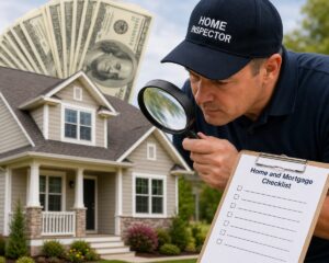 Home inspector examining a house with a magnifying glass, home and mortgage checklist