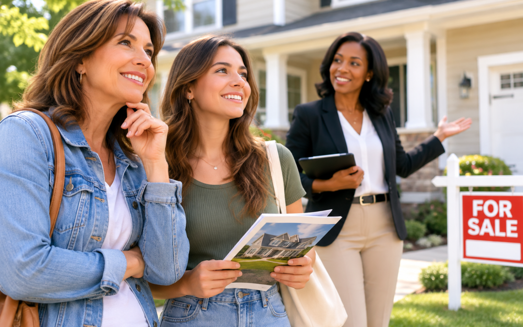 Mother and daughter with real estate agent outside home for sale