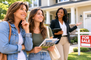 Mother and daughter with real estate agent outside home for sale