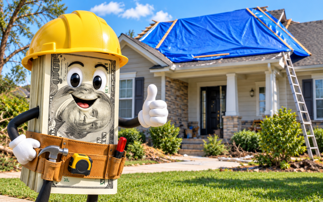 House with blue roof tarp and money machine - rep picture