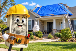 House with blue roof tarp and money machine - rep picture