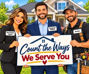 Cartoon of a realtor, lender and roofer